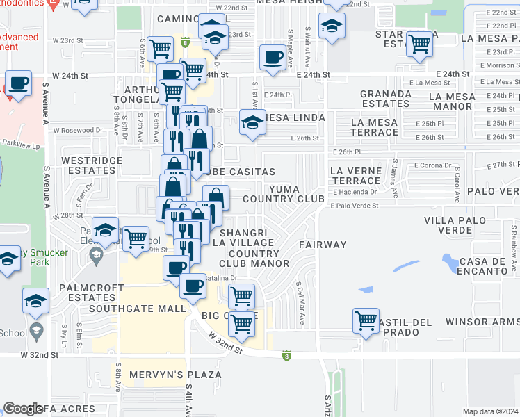 map of restaurants, bars, coffee shops, grocery stores, and more near 2774 South Madison Avenue in Yuma