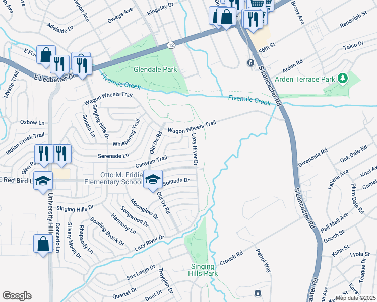map of restaurants, bars, coffee shops, grocery stores, and more near 5810 Lazy River Drive in Dallas