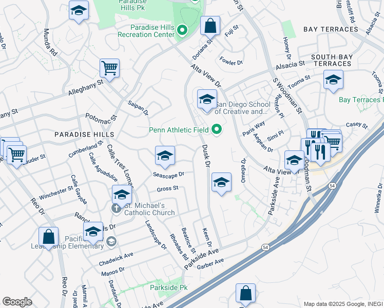 map of restaurants, bars, coffee shops, grocery stores, and more near 6495 Viewpoint Drive in San Diego