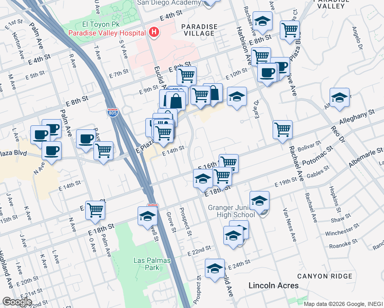 map of restaurants, bars, coffee shops, grocery stores, and more near 1418 Meadow Drive in National City