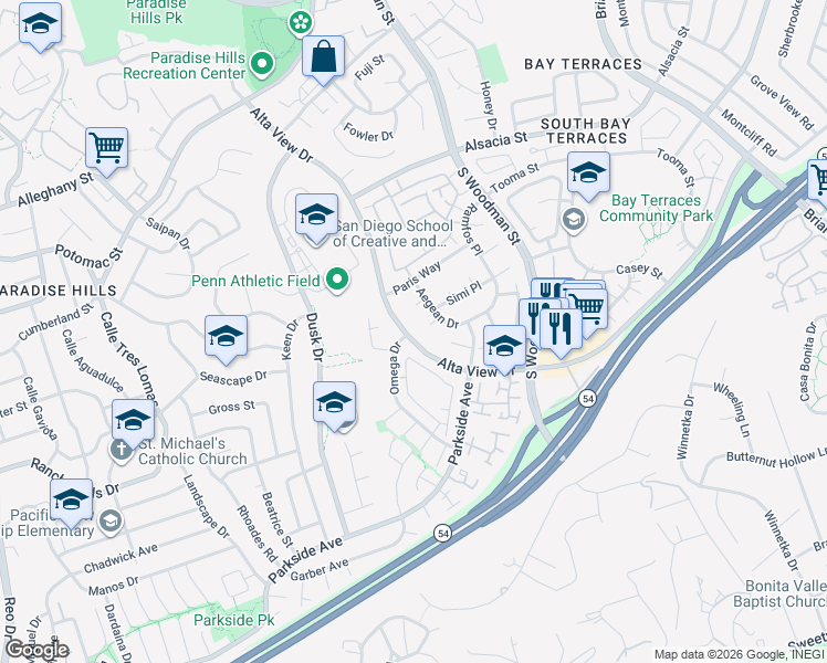 map of restaurants, bars, coffee shops, grocery stores, and more near 2655 Alta View Drive in San Diego