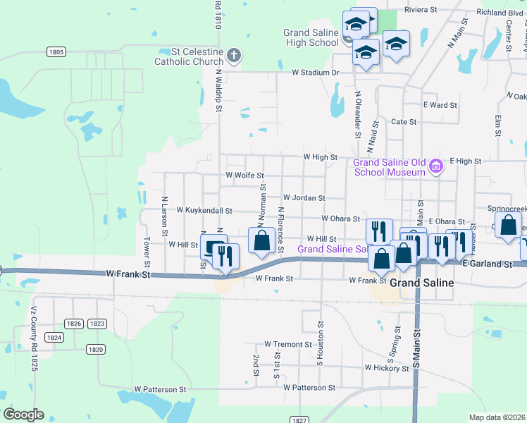 map of restaurants, bars, coffee shops, grocery stores, and more near 910 West Kuykendall Street in Grand Saline