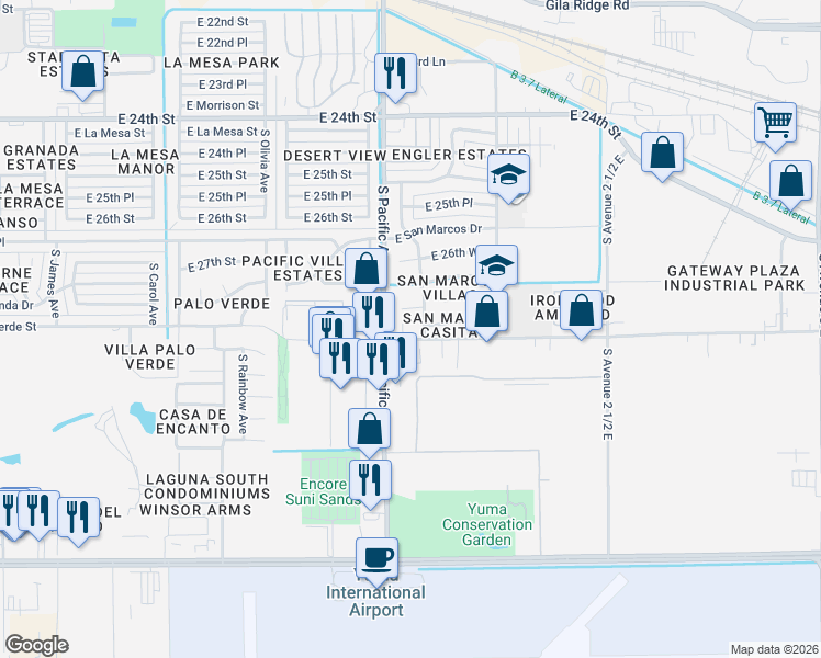 map of restaurants, bars, coffee shops, grocery stores, and more near 2113 East 27th Place in Yuma