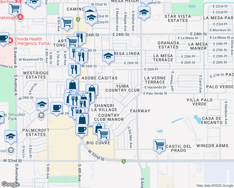 map of restaurants, bars, coffee shops, grocery stores, and more near 2753 South Madison Avenue in Yuma