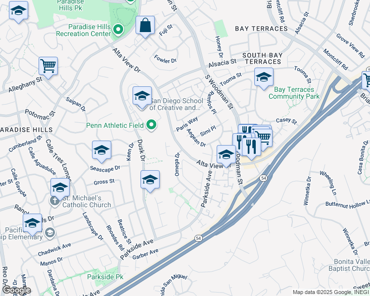 map of restaurants, bars, coffee shops, grocery stores, and more near 2655 Alta View Drive in San Diego