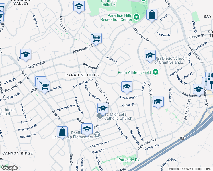 map of restaurants, bars, coffee shops, grocery stores, and more near 2454 Calle Quebrada in San Diego