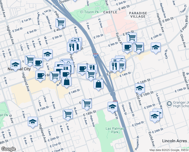 map of restaurants, bars, coffee shops, grocery stores, and more near 1802 East 12th Street in National City