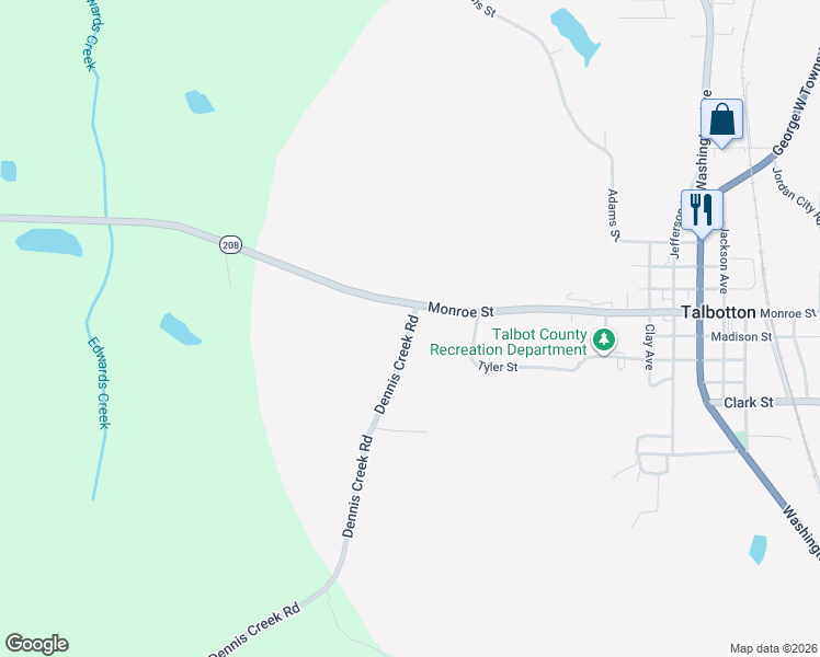 map of restaurants, bars, coffee shops, grocery stores, and more near 681 Monroe Street in Talbotton