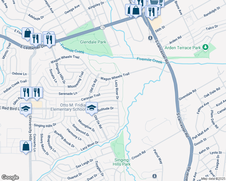 map of restaurants, bars, coffee shops, grocery stores, and more near 5810 Lazy River Drive in Dallas