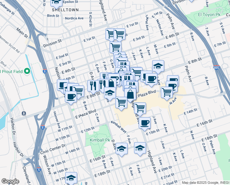 map of restaurants, bars, coffee shops, grocery stores, and more near 600 East 8th Street in National City