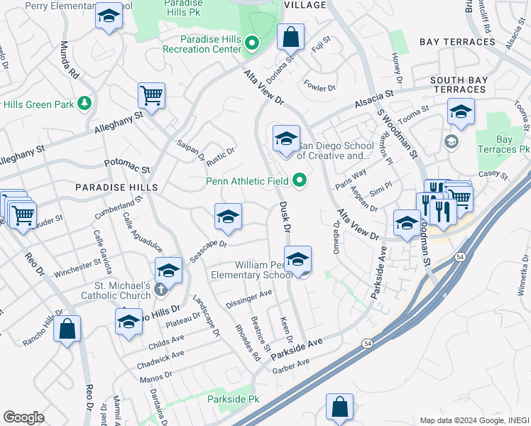 map of restaurants, bars, coffee shops, grocery stores, and more near 6495 Viewpoint Drive in San Diego