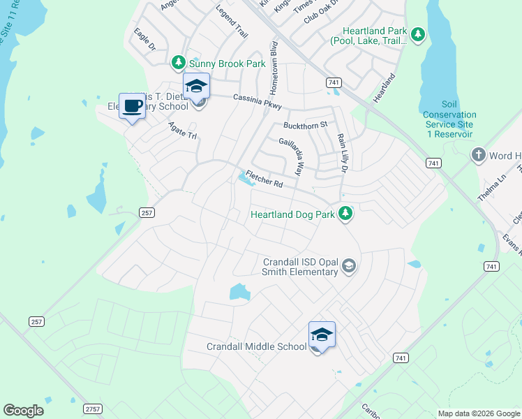 map of restaurants, bars, coffee shops, grocery stores, and more near 3134 Blacksmith Lane in Crandall