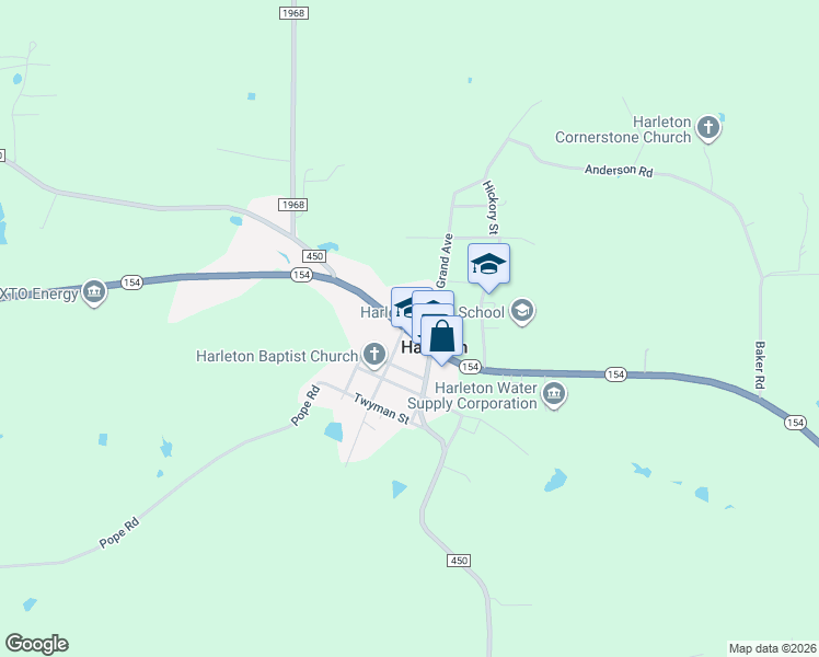 map of restaurants, bars, coffee shops, grocery stores, and more near 17240 Texas 154 in Harleton