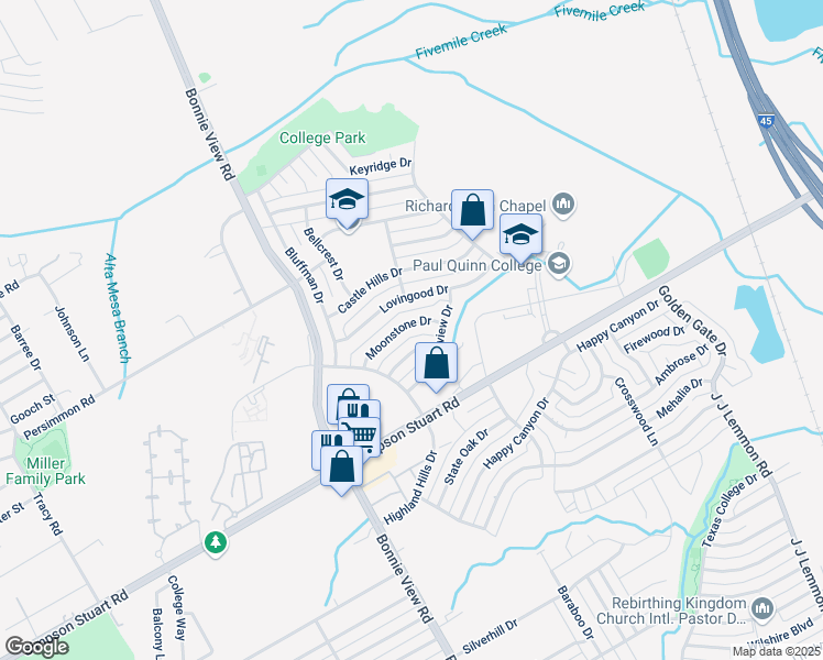 map of restaurants, bars, coffee shops, grocery stores, and more near 3715 Moonstone Drive in Dallas