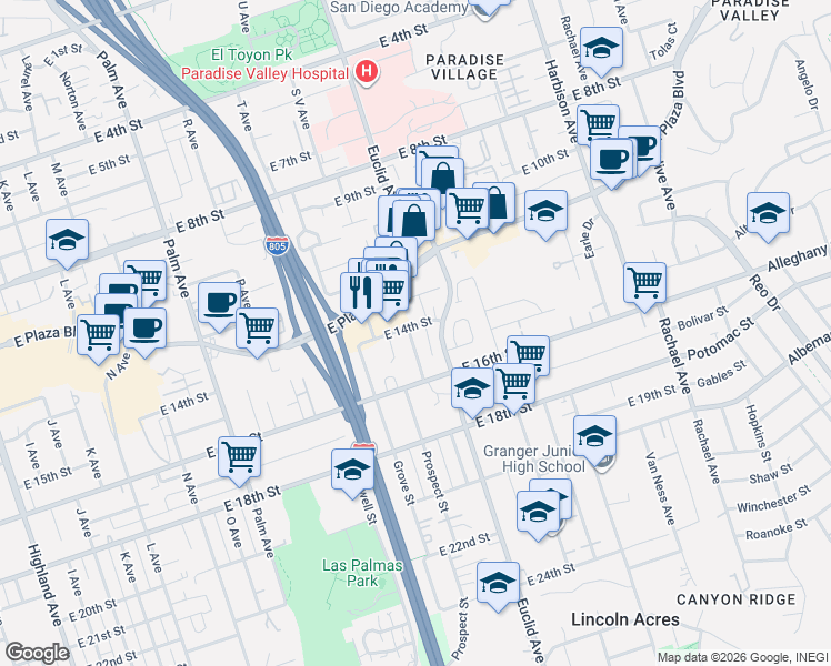 map of restaurants, bars, coffee shops, grocery stores, and more near 2323 East 14th Street in National City