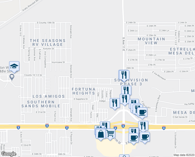 map of restaurants, bars, coffee shops, grocery stores, and more near 10699 East Shale Drive in Yuma
