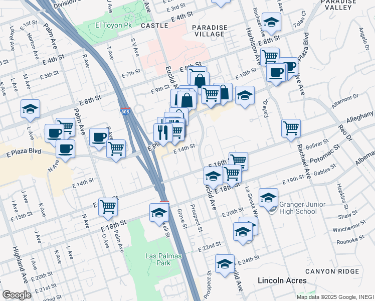 map of restaurants, bars, coffee shops, grocery stores, and more near 2323 East 14th Street in National City