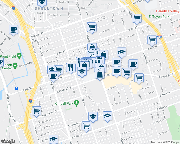 map of restaurants, bars, coffee shops, grocery stores, and more near 600 East 8th Street in National City