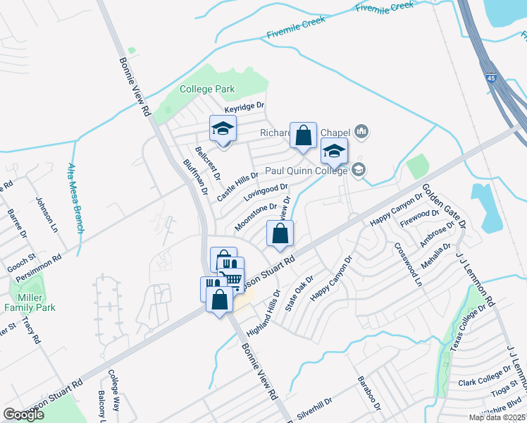 map of restaurants, bars, coffee shops, grocery stores, and more near 3715 Moonstone Drive in Dallas