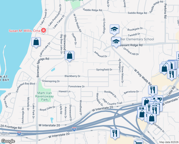 map of restaurants, bars, coffee shops, grocery stores, and more near 6610 Springfield Drive in Arlington