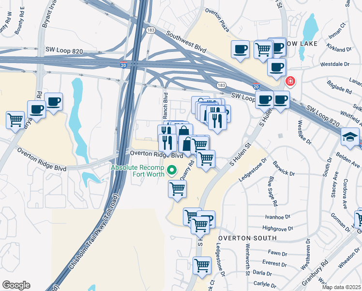 map of restaurants, bars, coffee shops, grocery stores, and more near 4900 Overton Ridge Boulevard in Fort Worth