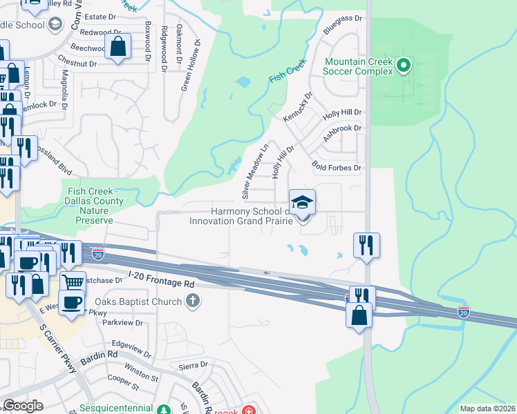 map of restaurants, bars, coffee shops, grocery stores, and more near 1128 Secretariat Drive in Grand Prairie