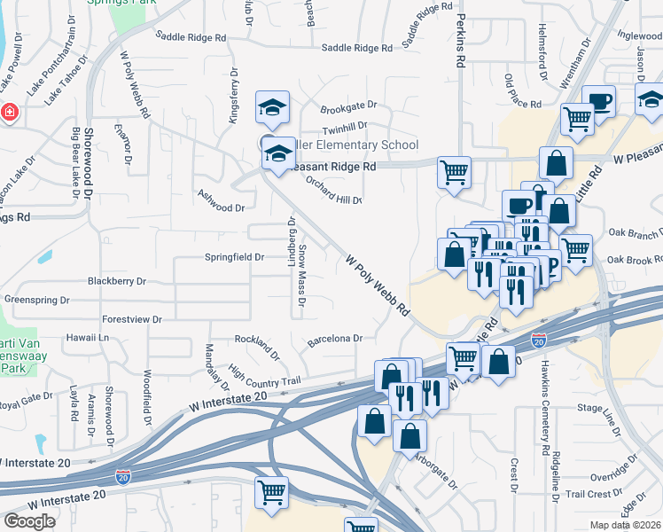 map of restaurants, bars, coffee shops, grocery stores, and more near 6228 West Poly Webb Road in Arlington