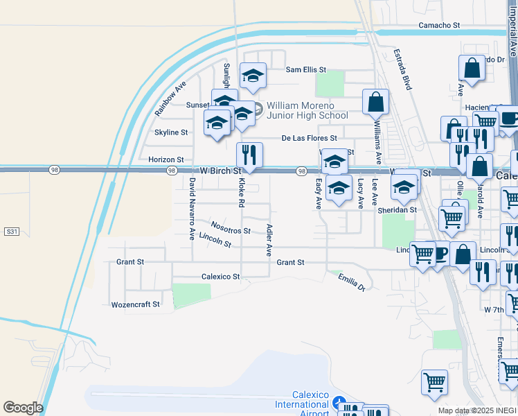 map of restaurants, bars, coffee shops, grocery stores, and more near 812 Salvador Guilin Street in Calexico