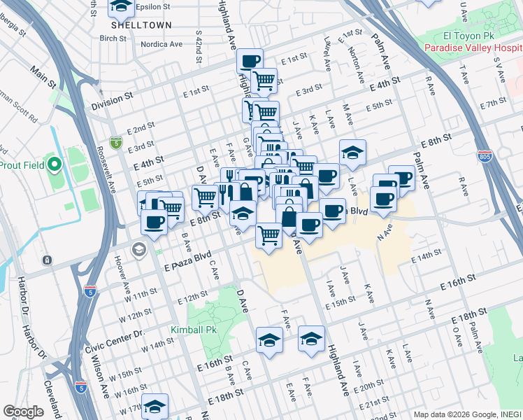 map of restaurants, bars, coffee shops, grocery stores, and more near 612 East 8th Street in National City