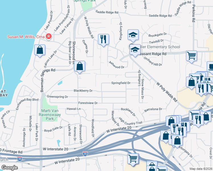 map of restaurants, bars, coffee shops, grocery stores, and more near 6610 Springfield Drive in Arlington