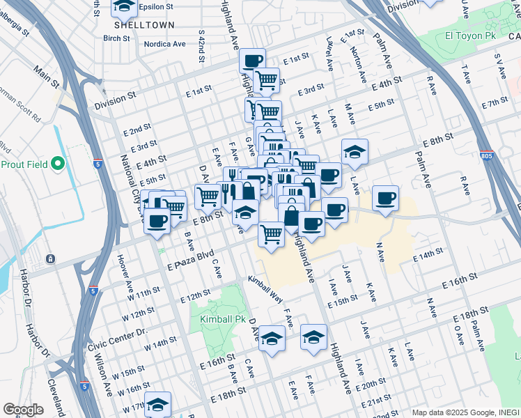 map of restaurants, bars, coffee shops, grocery stores, and more near 600 East 8th Street in National City