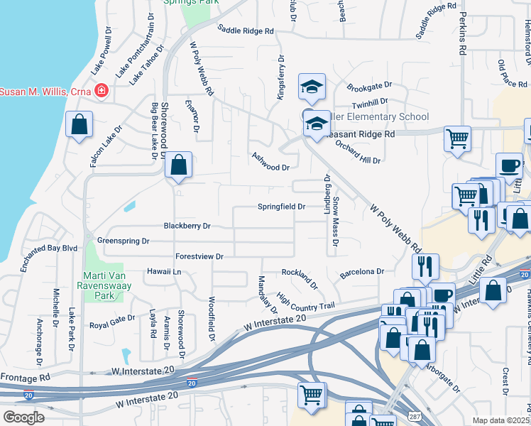 map of restaurants, bars, coffee shops, grocery stores, and more near 6516 Springfield Drive in Arlington