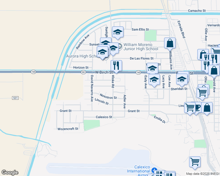 map of restaurants, bars, coffee shops, grocery stores, and more near 904 Salvador Guilin Street in Calexico