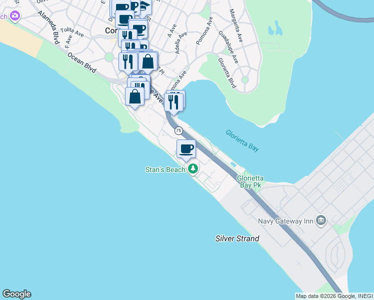 map of restaurants, bars, coffee shops, grocery stores, and more near 1750 Avenida Del Mundo in Coronado