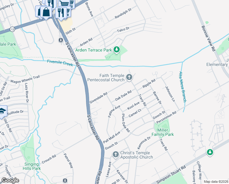map of restaurants, bars, coffee shops, grocery stores, and more near 2426 Givendale Road in Dallas