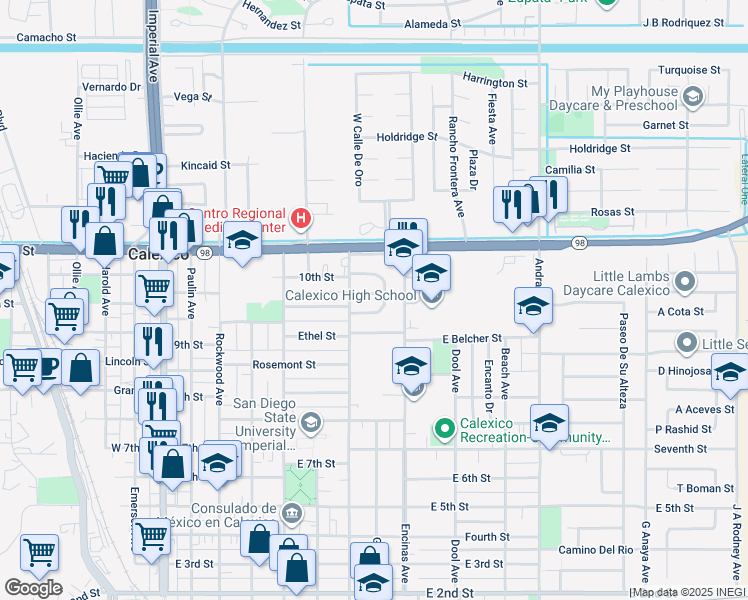 map of restaurants, bars, coffee shops, grocery stores, and more near 708 Linda Street in Calexico