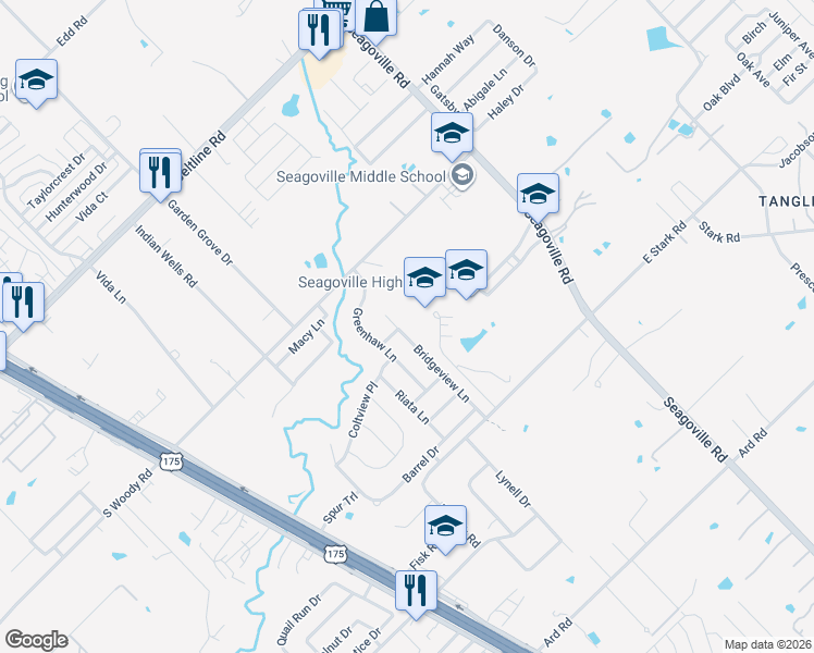 map of restaurants, bars, coffee shops, grocery stores, and more near 14217 Bridgeview Lane in Dallas