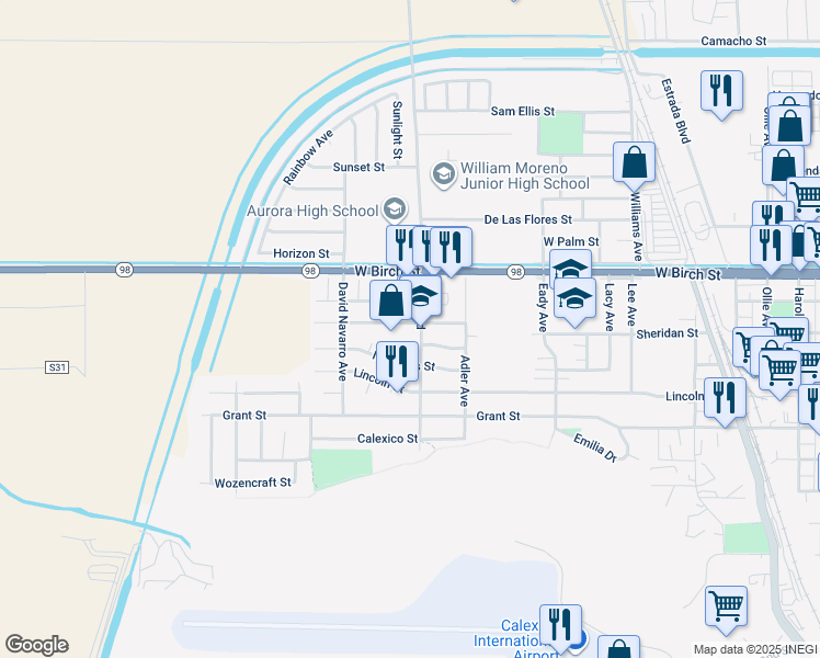 map of restaurants, bars, coffee shops, grocery stores, and more near 904 Salvador Guilin Street in Calexico