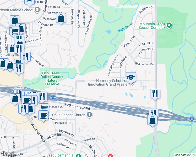 map of restaurants, bars, coffee shops, grocery stores, and more near 1043 Kaylie Street in Grand Prairie