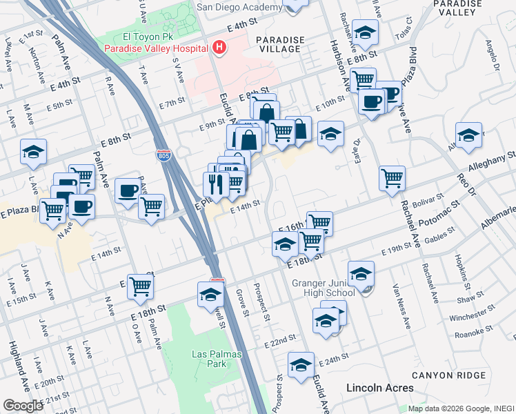 map of restaurants, bars, coffee shops, grocery stores, and more near 2323 East 14th Street in National City