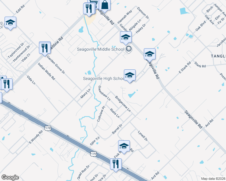 map of restaurants, bars, coffee shops, grocery stores, and more near 14217 Bridgeview Lane in Dallas