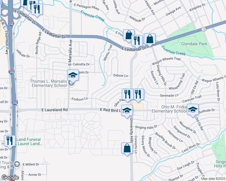 map of restaurants, bars, coffee shops, grocery stores, and more near 1016 Indian Creek Trail in Dallas