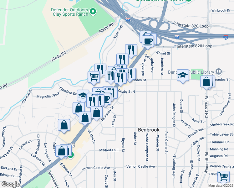 map of restaurants, bars, coffee shops, grocery stores, and more near 6008 Benbrook Boulevard in Benbrook