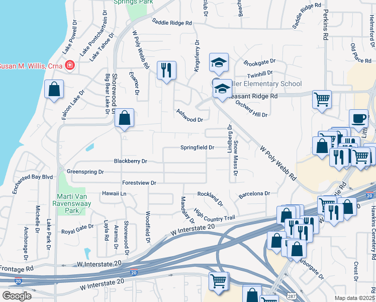 map of restaurants, bars, coffee shops, grocery stores, and more near 6516 Springfield Drive in Arlington