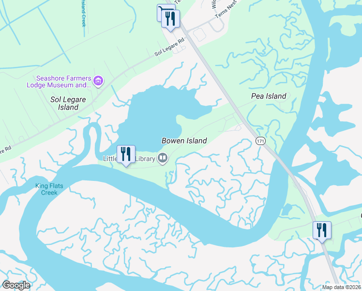 map of restaurants, bars, coffee shops, grocery stores, and more near Bowens Island Road in Charleston