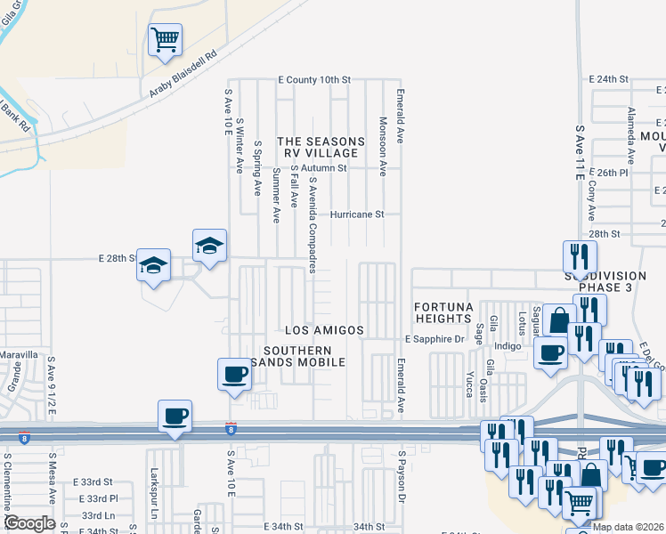 map of restaurants, bars, coffee shops, grocery stores, and more near 10342 East 28th Place in Yuma