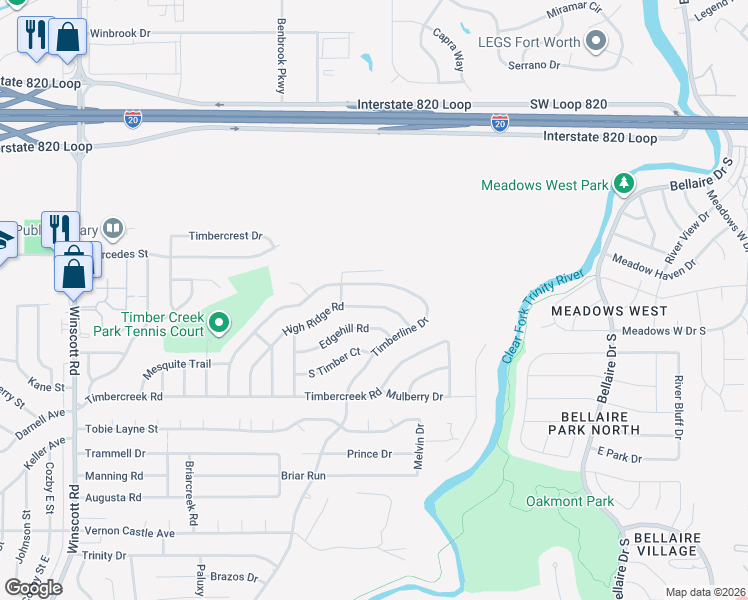 map of restaurants, bars, coffee shops, grocery stores, and more near 1716 Timberline Drive in Benbrook