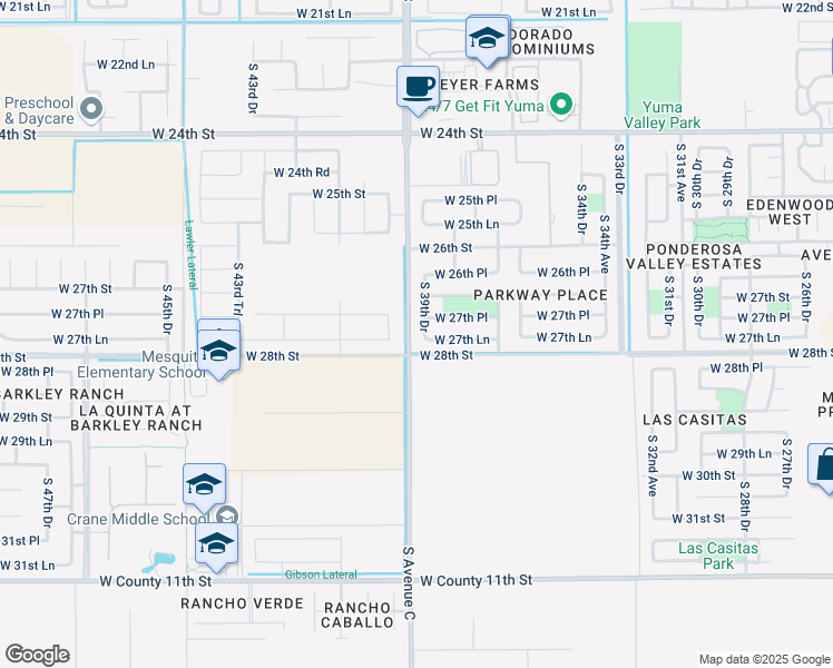 map of restaurants, bars, coffee shops, grocery stores, and more near 2756 South 39th Drive in Yuma