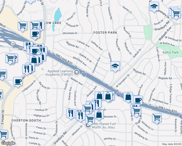 map of restaurants, bars, coffee shops, grocery stores, and more near 4204 Southwest Loop 820 in Fort Worth