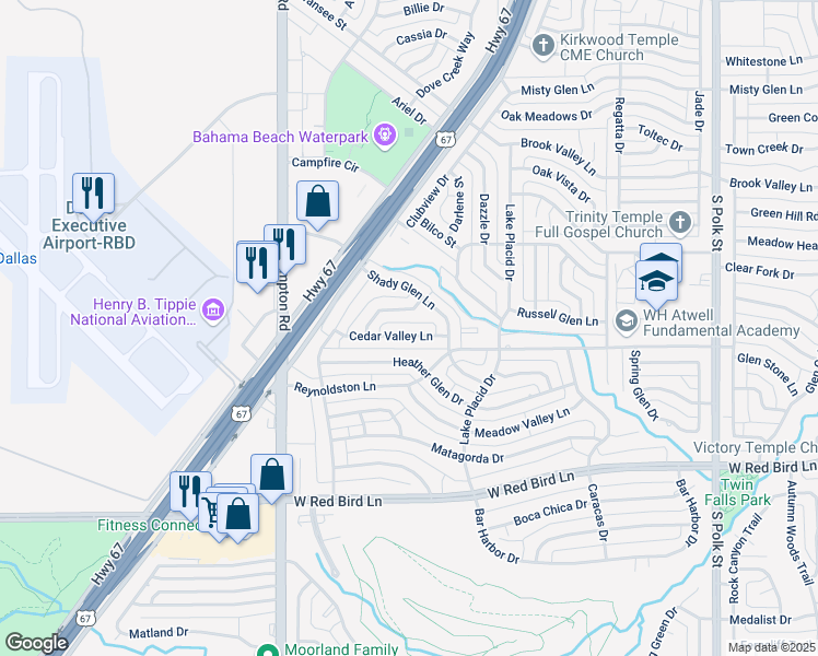 map of restaurants, bars, coffee shops, grocery stores, and more near 2037 Cedar Valley Lane in Dallas